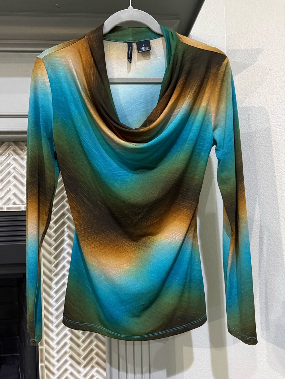 new directions Teal, Brown & Gold Ombre Cowl-Neck Long Sleeve Top
